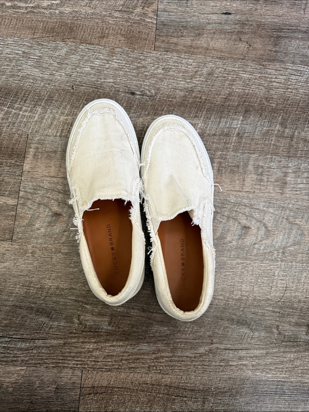 Lucky Brand Off-White Frayed Canvas Slip-Ons